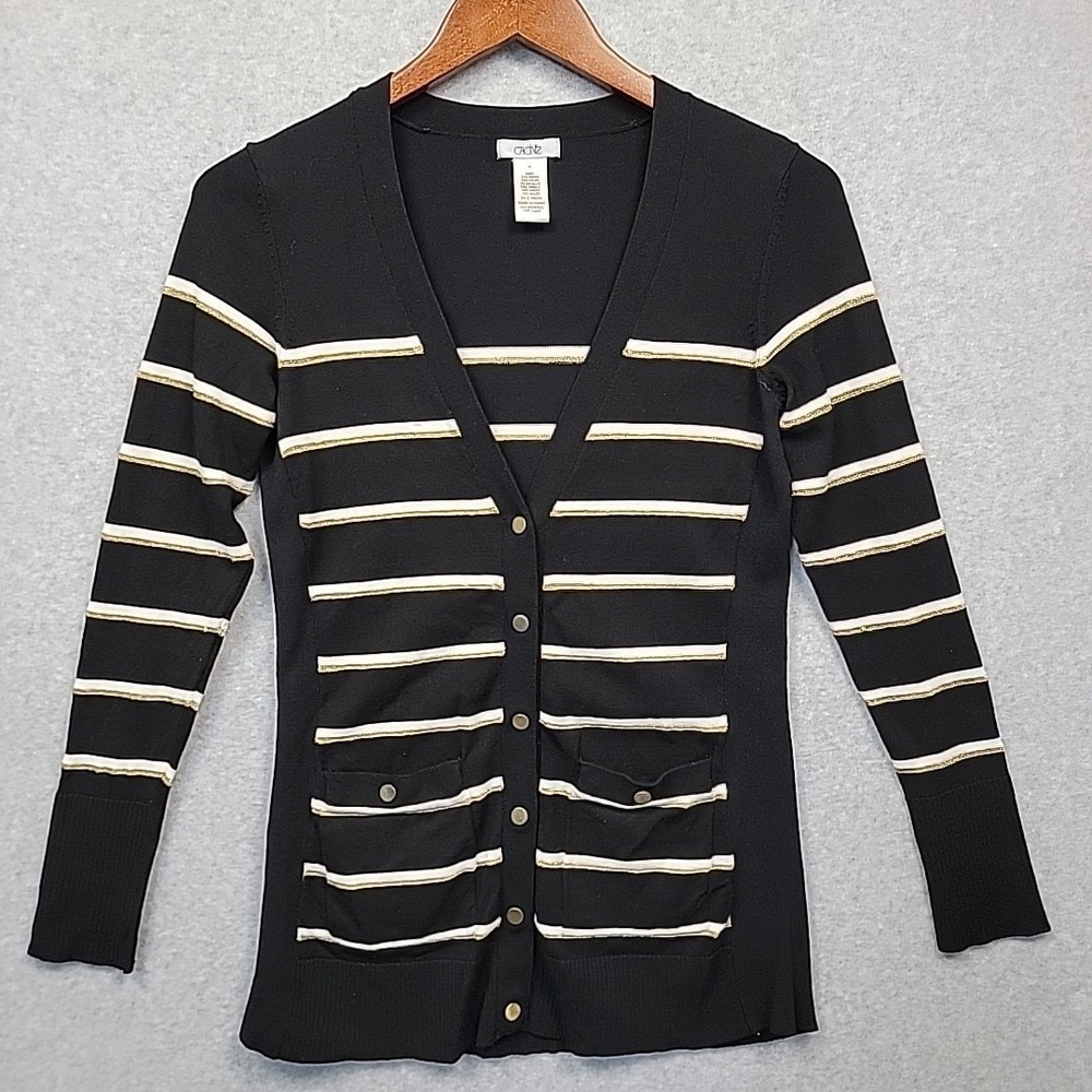 CACHE Cardigan Sweater Black Gold‎ Glitter Stripes Snaps Pocket Women's Sz M Y2K